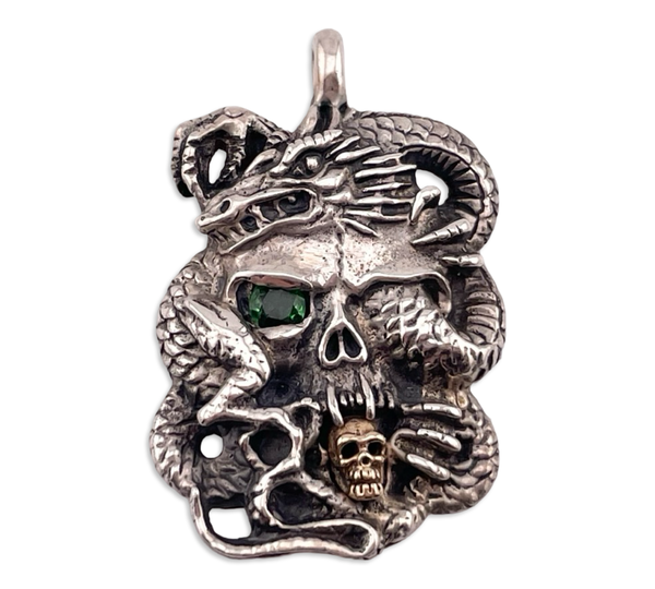 sterling silver & gold plated green gemstone skull dragon pendant