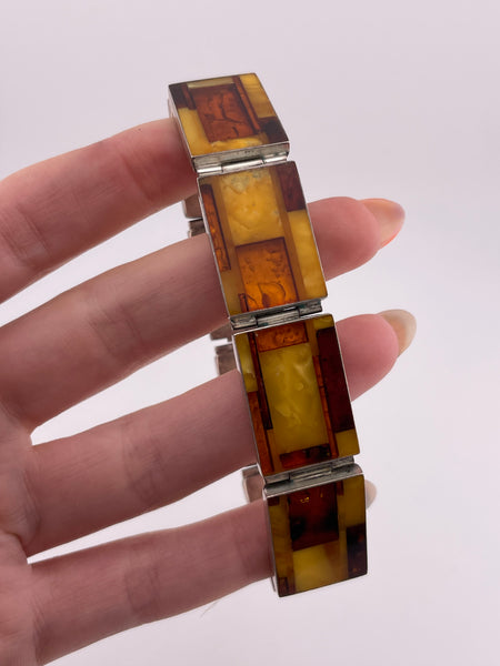sterling silver multi-amber inlay rectangle panel link bracelet