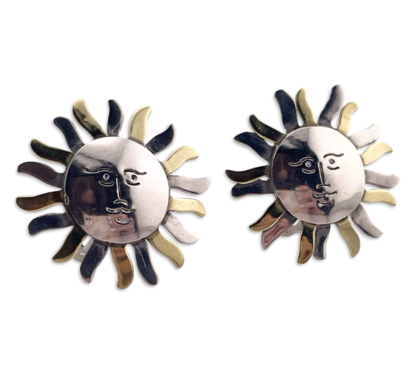 sterling silver & brass Mexican large sun face clip-on earrings