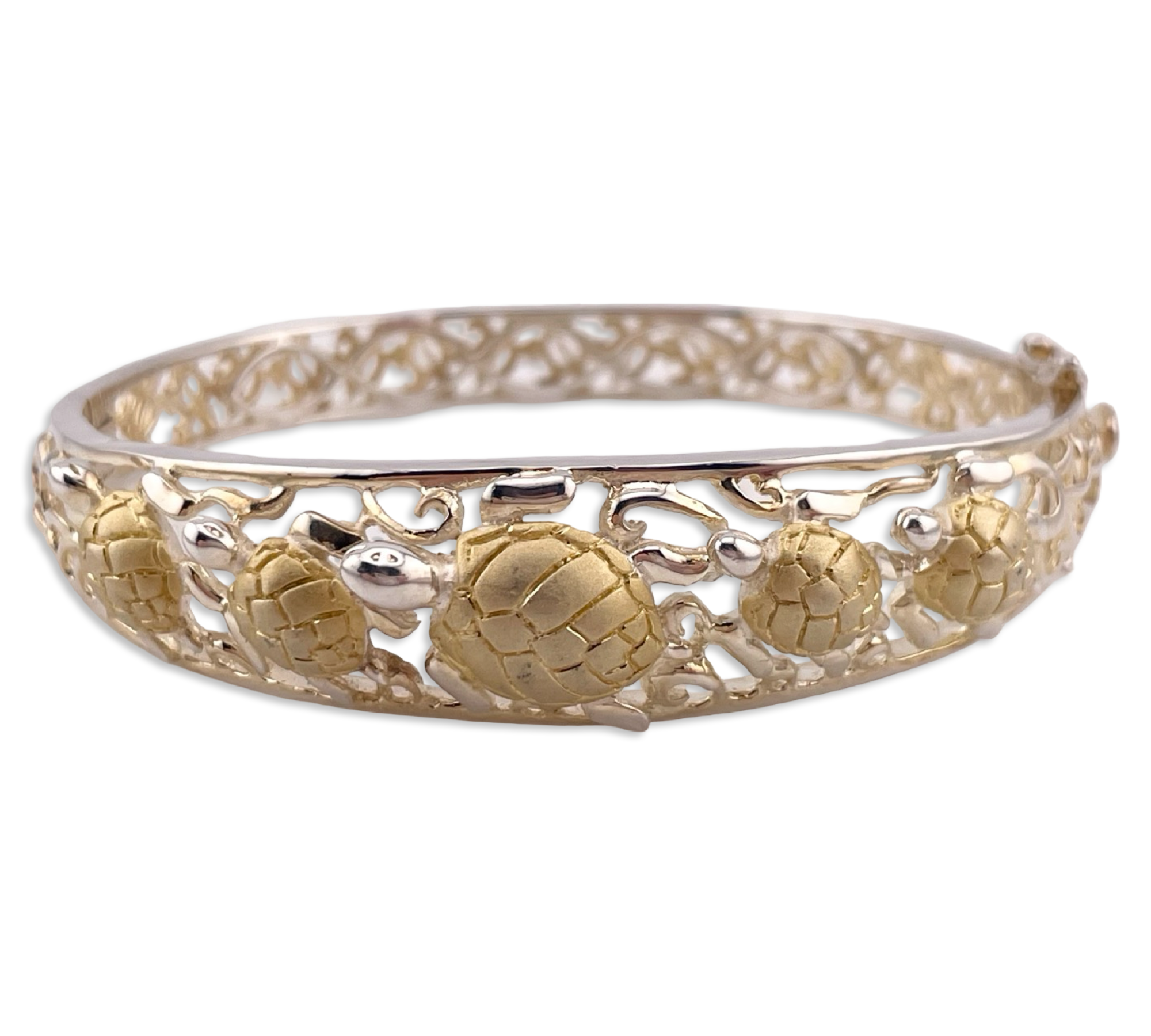 sterling silver gold plated 7 5/8" sea turtle hinge bangle bracelet