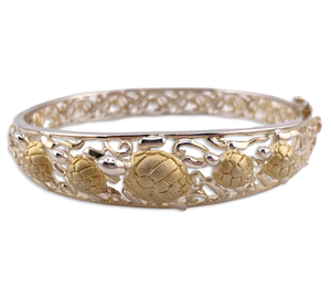 sterling silver gold plated 7 5/8" sea turtle hinge bangle bracelet