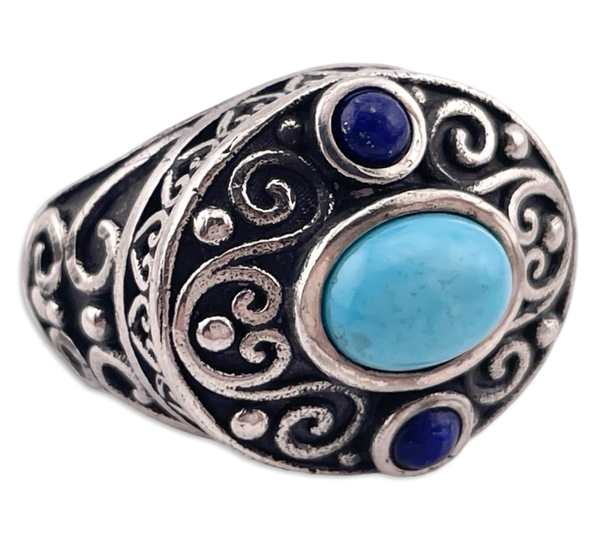 size 5 sterling silver stabilized turquoise lapis swirl ring