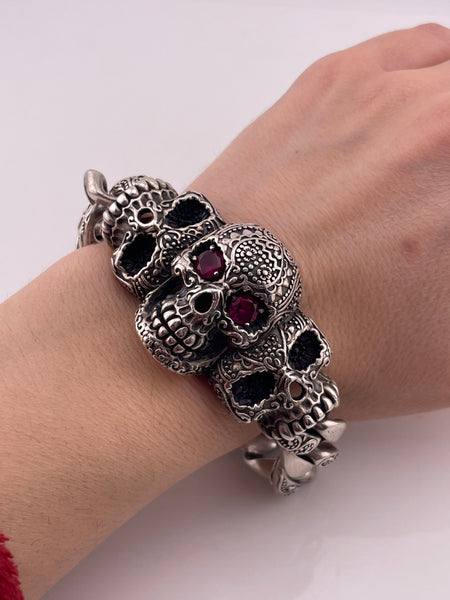 sterling silver chunky heavy skull lab ruby eyes link bracelet