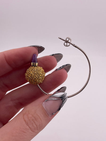sterling silver amethyst gold wash spinning orbs partial hoop post earrings