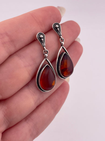 sterling silver pear shape amber post dangle earrings