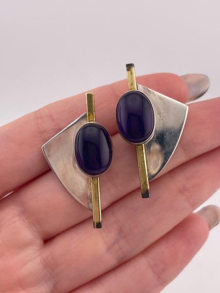 sterling silver & brass plated amethyst post earrings ***AS IS***