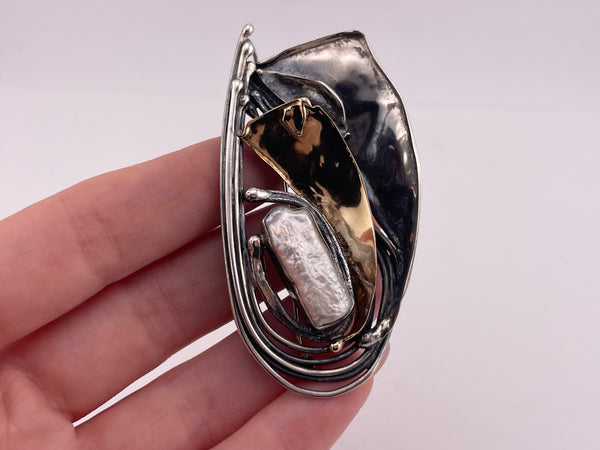 sterling silver gold wash Avi Soffer artisan pearl pendant brooch