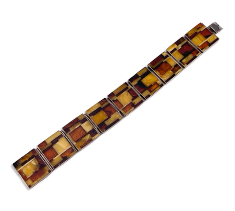 sterling silver amber inlay panel link bracelet **AS IS**