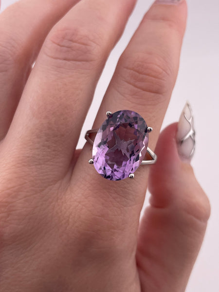 size 9.25 rhodium plated sterling silver large faceted amethyst ring