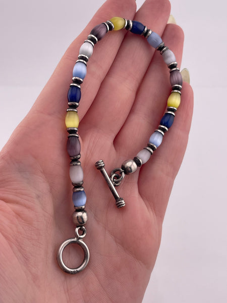 sterling silver 7 3/4" glass cat's eye toggle clasp link bracelet