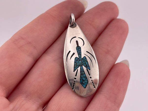 sterling silver Tommy Singer crushed turquoise coral peyote bird pendant