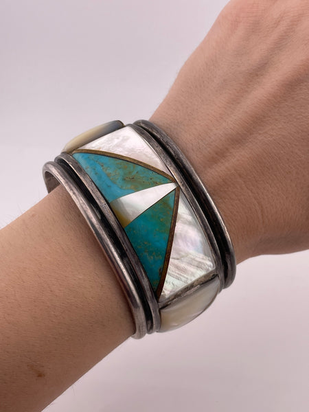 sterling silver heavy turquoise, mother of pearl, & brass inlay cuff bracelet