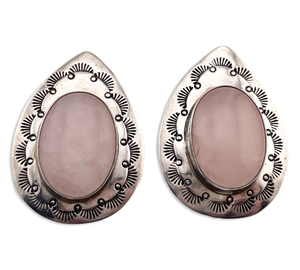 sterling silver rose quartz stamped post earrings