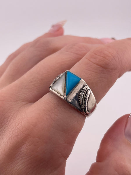 size 8.5 sterling silver turquoise & mother of pearl square ring