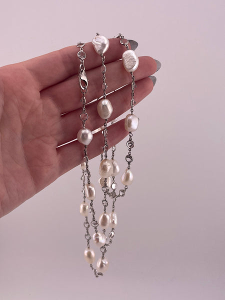 sterling silver 36" pearl & topaz necklace ***Missing one topaz****