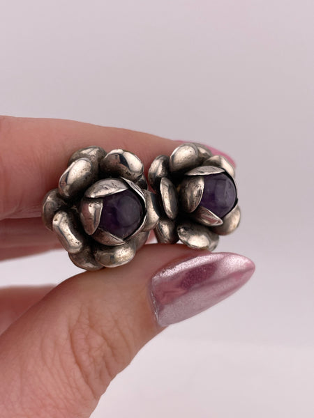 sterling silver Mexican amethyst flower screw-back earrings
