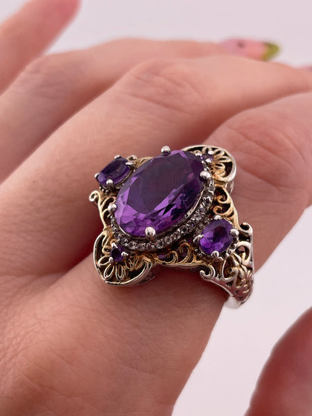 size 7.5 sterling silver gold wash faceted purple glass ring