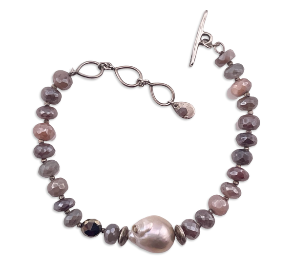 sterling silver 7" to 8-1/8" faceted plastic bead pearl toggle bracelet