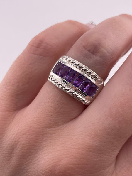 size 6 sterling silver faceted oval amethyst row rope design ring