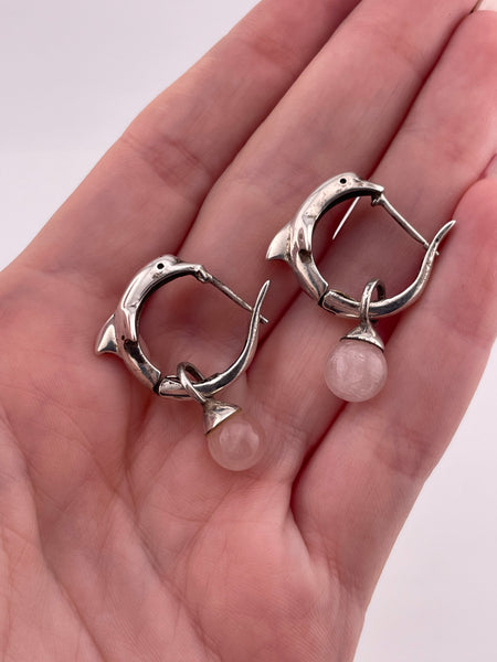 sterling silver rhodium plated dolphin hinge hoops with rose quartz enhancers earrings