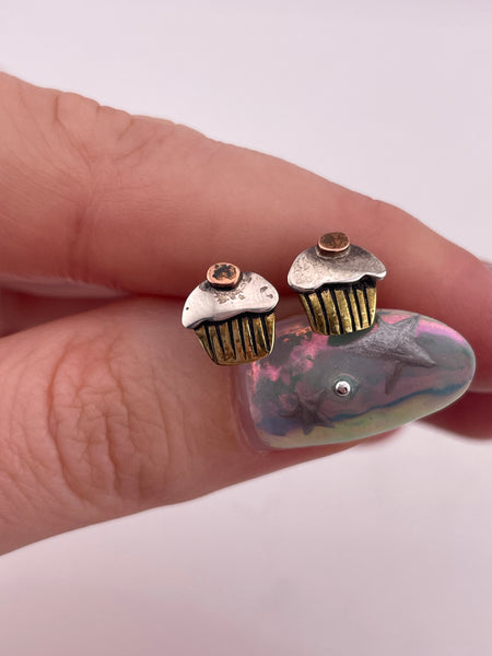sterling silver & brass cupcake post stud earrings