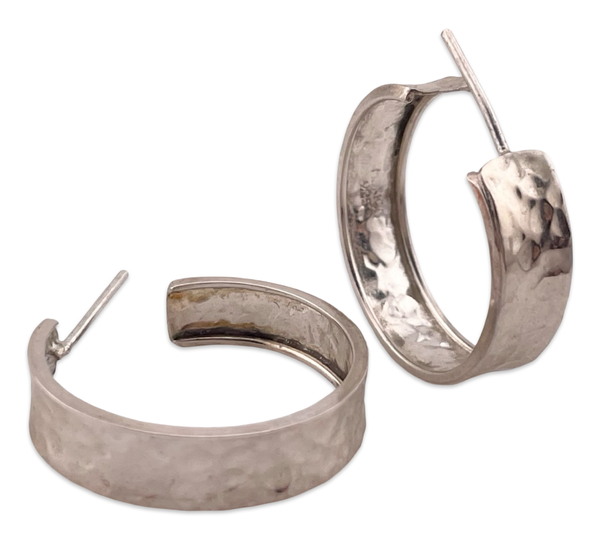 sterling silver 1" hammered hoop post earrings