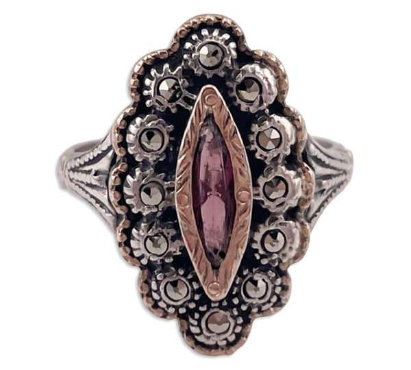size 5 sterling silver & gold plated faceted glass & marcasite ring