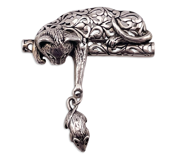 sterling silver cat & mouse brooch