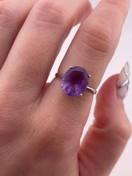size 7.75 sterling silver faceted oval amethyst prong setting ring