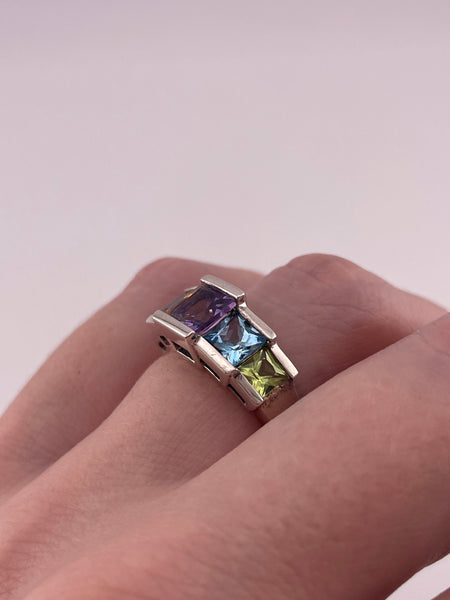 size 6.25 sterling silver colorful faceted square multi-gemstone row ring