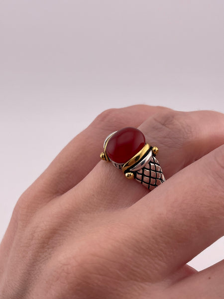 size 7.25 sterling silver gold plated red glass ring