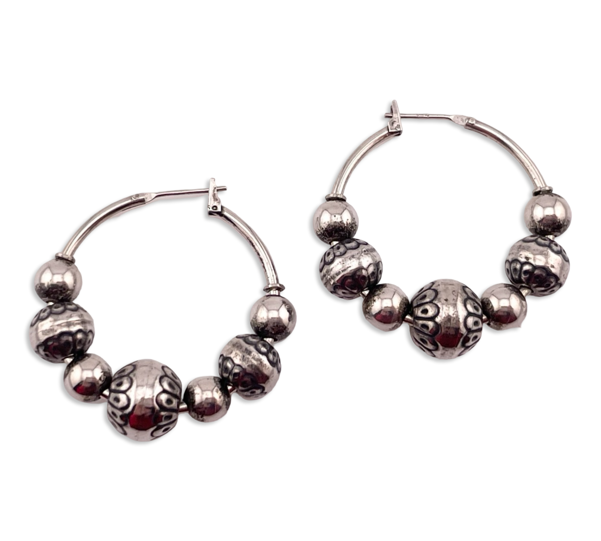 sterling silver stamped bead hoop earrings