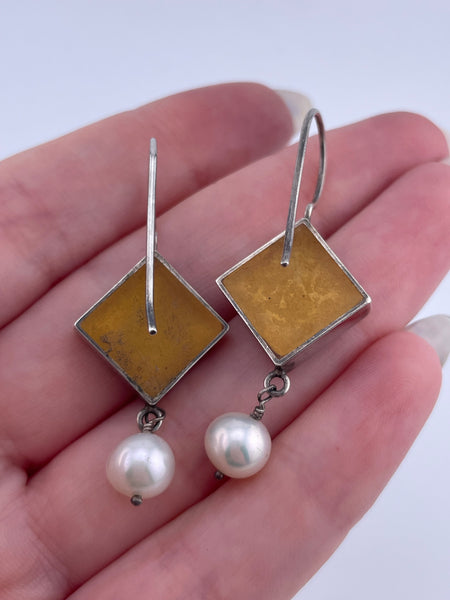 sterling silver Varga pearl flower gold leaf resin hook earrings
