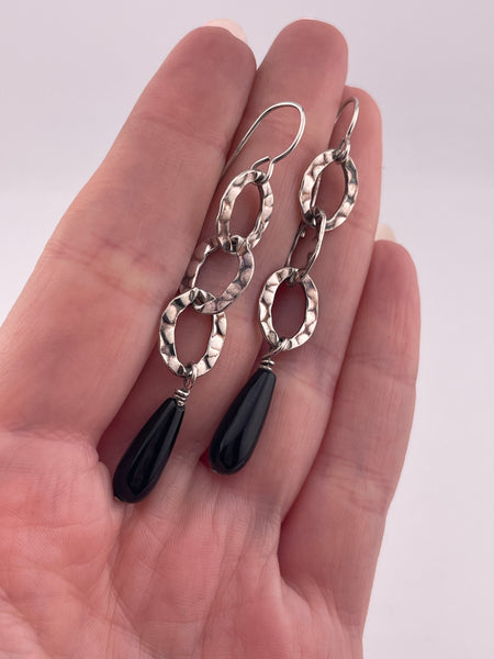 sterling silver black glass textured hook dangle earrings