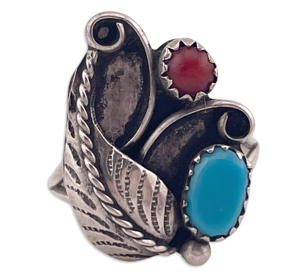size 6.75 sterling silver turquoise & coral ring