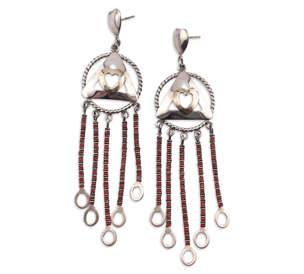 sterling silver 4-1/2" long gold wash hear red bead post dangle earrings