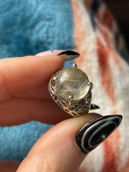 size 6.25 sterling silver round rutilated quartz cut-out design ring