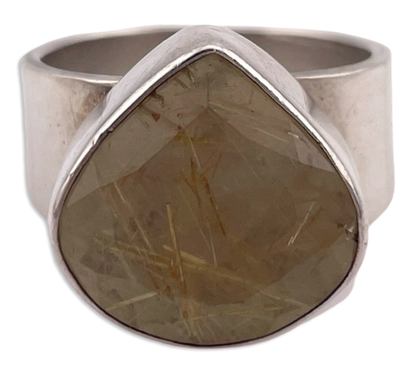 size 8.5 sterling silver faceted rutilated quartz teardrop ring