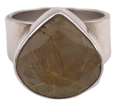 size 8.5 sterling silver faceted rutilated quartz teardrop ring