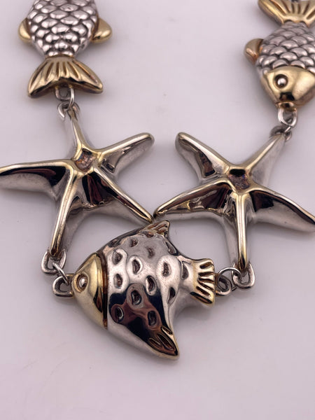 sterling silver & gold wash electroform fish & starfish statement necklace