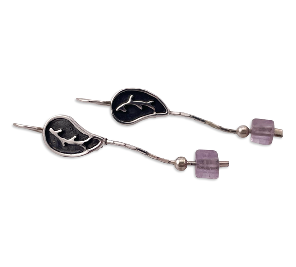 sterling silver leaf amethyst hook earrings