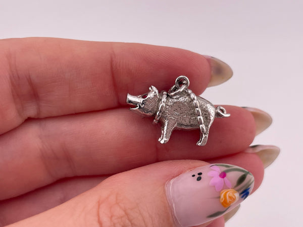 sterling silver rhodium plated solid pig red glass eyes pendant