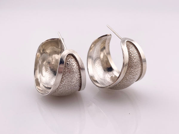 sterling silver 1-1/8" textured partial hoop post earrings