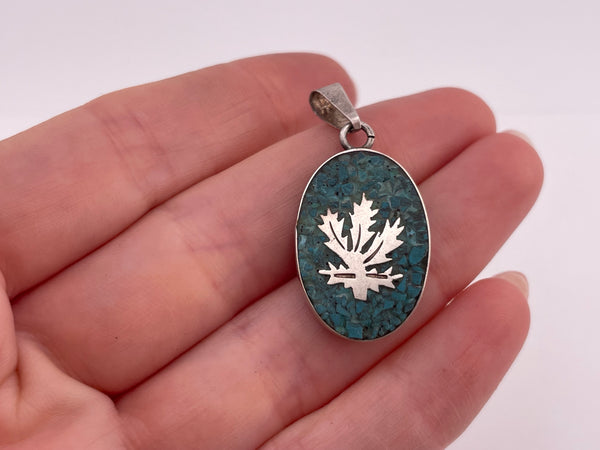 sterling silver crushed turquoise leaf pendant