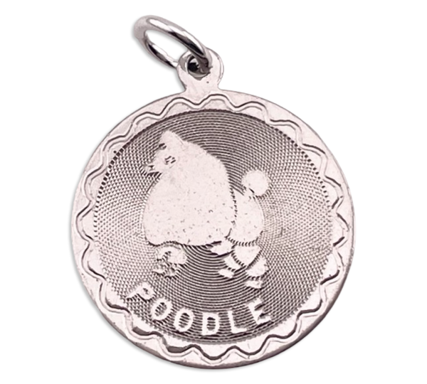 sterling silver rhodium plated etched poodle dog pendant