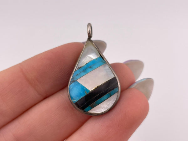 sterling silver mother of pearl, turquoise, & onyx inlay pendant