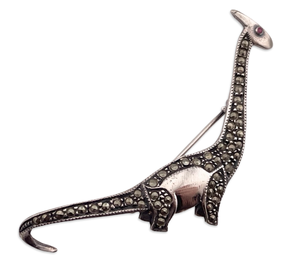 sterling silver marcasite red glass dinosaur brooch