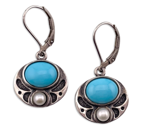 sterling silver synthetic turquoise and pearl lever-back hook dangle earrings