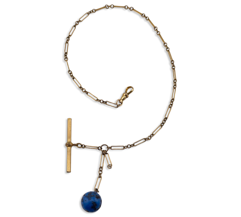 vintage WC Co gold filled trombone link watch chain w/ dog clip & blue glass charm