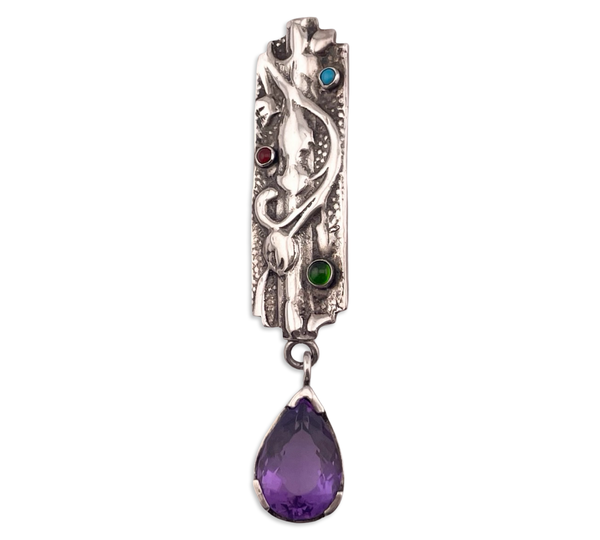 sterling silver 3-1/8" facted amethyst turquoise carnelian peridot floral pendant